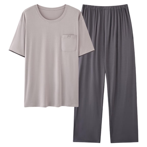 Zekutng Two Piece Sets for Men Casual Solid Color Round Neck Button down Short Sleeved Shirt Loose Waist Long Pants Set,Sizes L-4XL