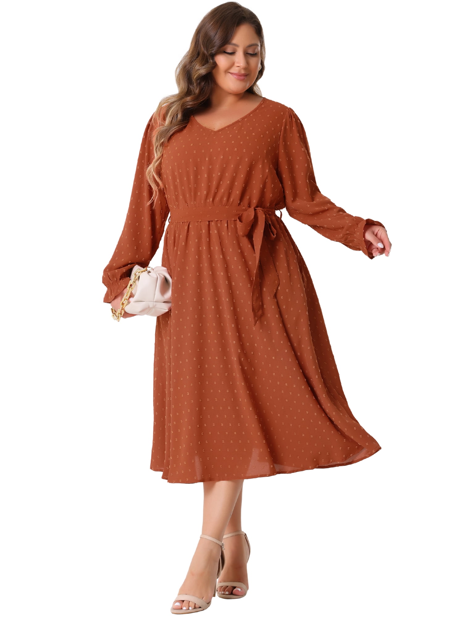DARING DIVA Plus Size Swiss Dot V Neck Long Sleeve Midi Dress 4X Orange