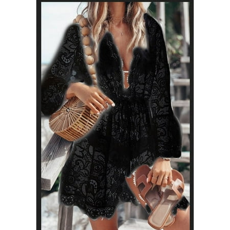 Summer Lace Croche Dress Women Sexy Crochet Bikini Cover Up Floral Ladies Bathing Swimwear Beach Suit V-Neck Floral Lace Loose Dress for Swimming Suit