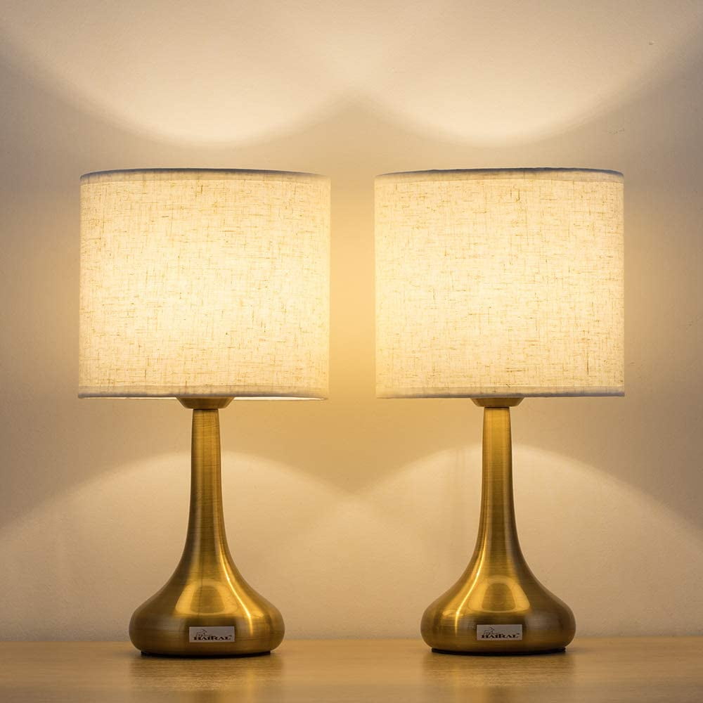 Gold Table Lamps Set of 2 with Linen Fabric Shade & Metal Base