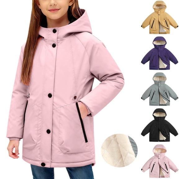 Xdegoge Windbreaker for Girls Boys Fleece Lined Warm Jacket Windbreaker Waterproof Jackets Stylish Solid Color Casual Hooded Coat Fall Winter Cold Resistant Outerwear with Pockets Size 5-15