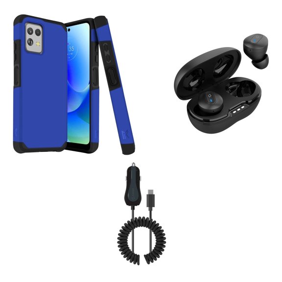 BD Combo Bundle Case for Moto G Power 5G 2023 Case - (Cobalt Blue) Dual Shockproof Protector Armor Case with Wireless Earbuds with Charging Case, 15W Type-C Car Charger with Extra USB Port (6 Foot)