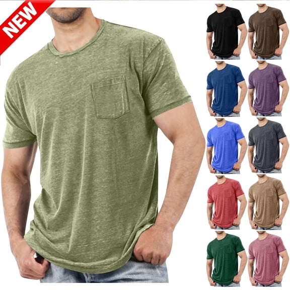 Tqyyweavej Shirts for Men Distressed Business Short Sleeve Dress Shirts Vintage Solid Color Crew Neck Casual Tops with Pocket M-4XL