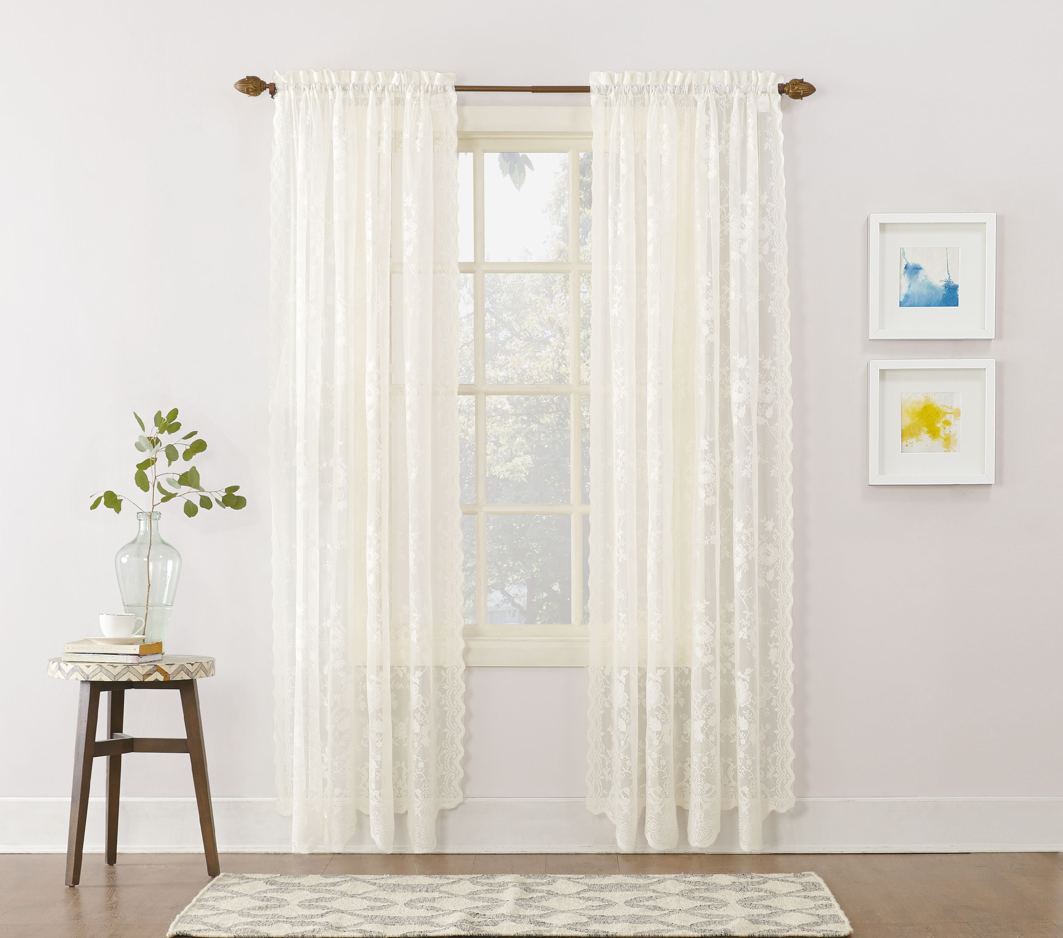 No. 918 Quinn Floral Lace Sheer Rod Pocket Curtain Panel, 84 x 58, Ivory