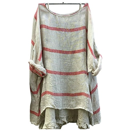 - Women Long Sleeve Cotton Linen Stripe Blouse Casual Loose Tunic Asymmetric Tops
