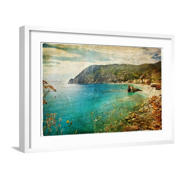 Art.com Picturesue Italian Coast - Artwork In Retro Painting Style Art Print by Maugli-l, White Frame Wall Art, 29" x 21"