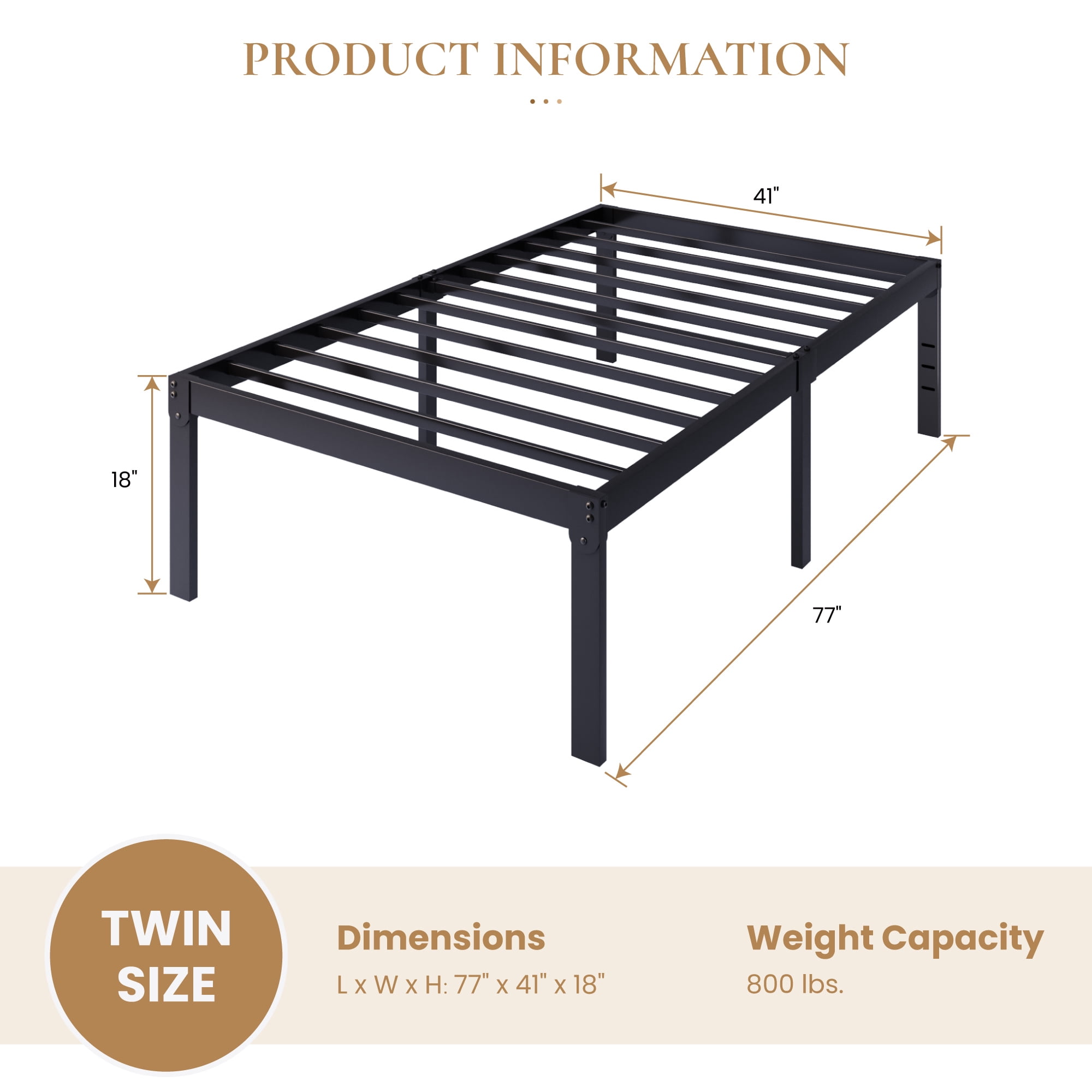 Merrland 18" Twin Size Metal Platform Bed Frame, Heavy-Duty, Ample Under-Bed Storage, No Box Spring Needed, Black