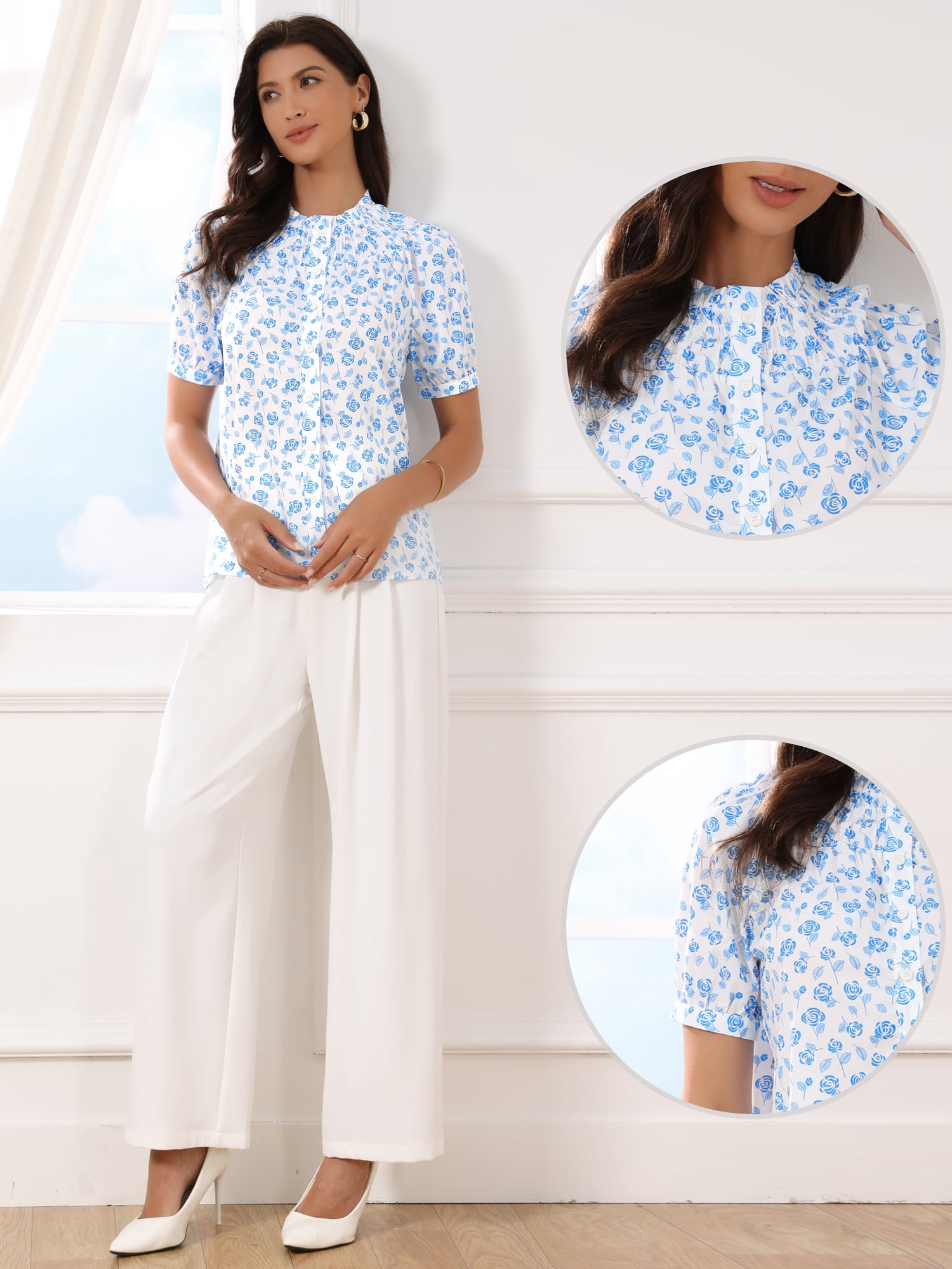 DARING DIVA Women's Floral BlousesRuffle Neck Puff Short Sleeve Smocked Shirts M Blue