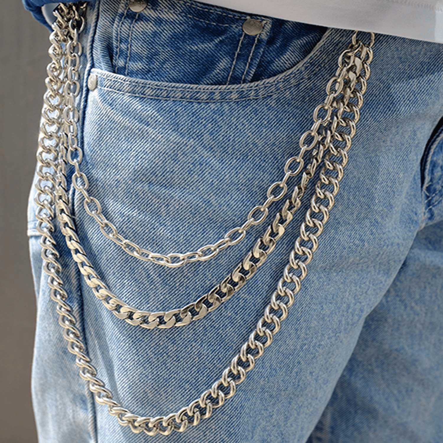 Plutput 3-layer Pants Chain Trousers Chain Belt Wallet Jeans