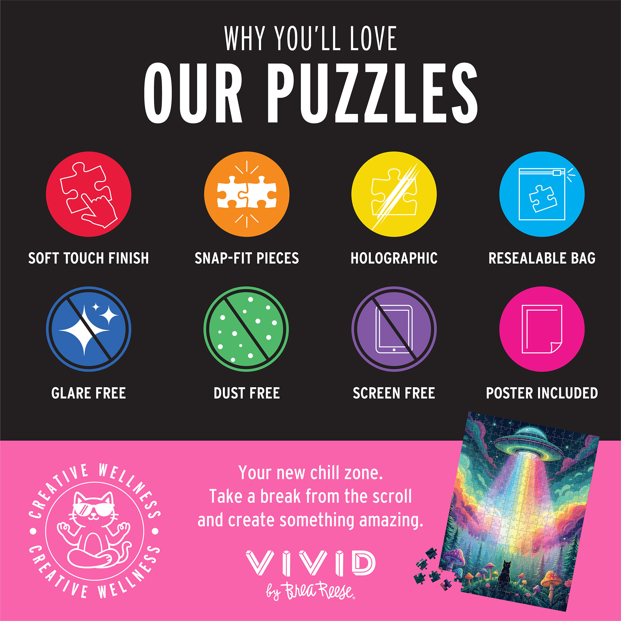Vivid by Brea Reese: 300 Piece Puzzle - UFO Cat - Beam Me Up Spaceship Landscape Scene Jigsaw, Holographic Foil, Soft-Touch, Image Reference Poster
