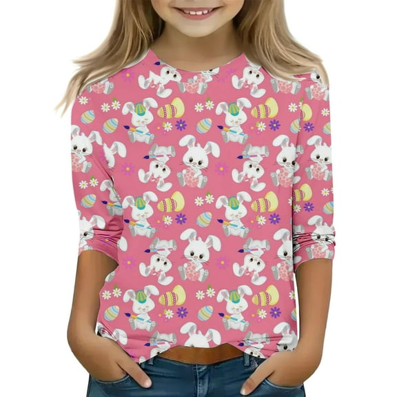 KAUOD Kids Bunny Tees Easter Day T Shirts Eggs Floral Printed Crewneck Long Sleeve Tees Tops for Kids Boys Girls