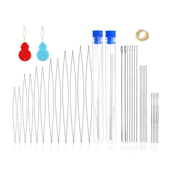WE-POLUJ Beading Needles Set Big Eye Beading Needles Long Straight Beading Needles with Thimble Needle Bottles Kit Sewing Supply
