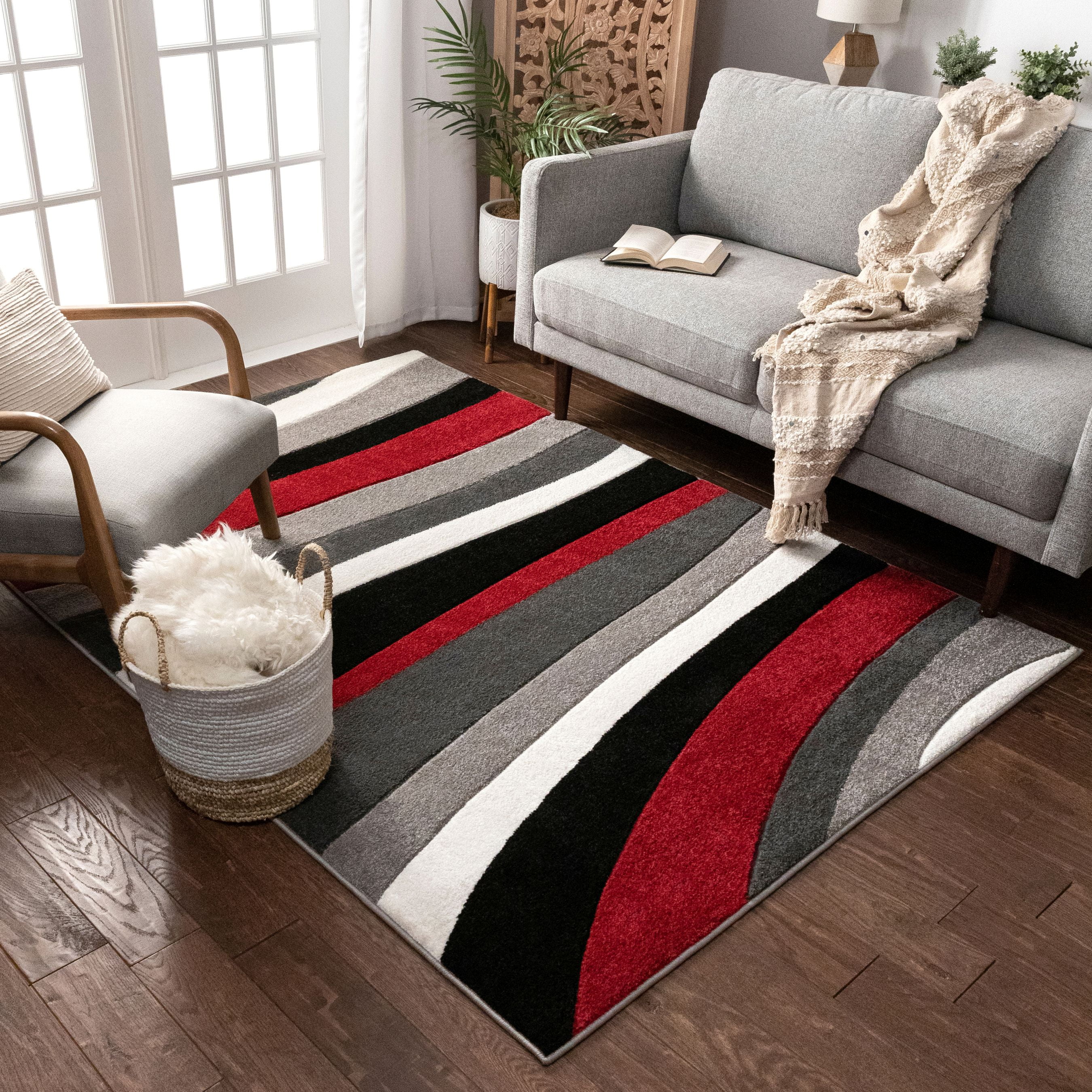 Well Woven Ruby Rad Waves Modern Contemporary Red Geometric Solid Stripes 3'11" x 5'3" Area Rug
