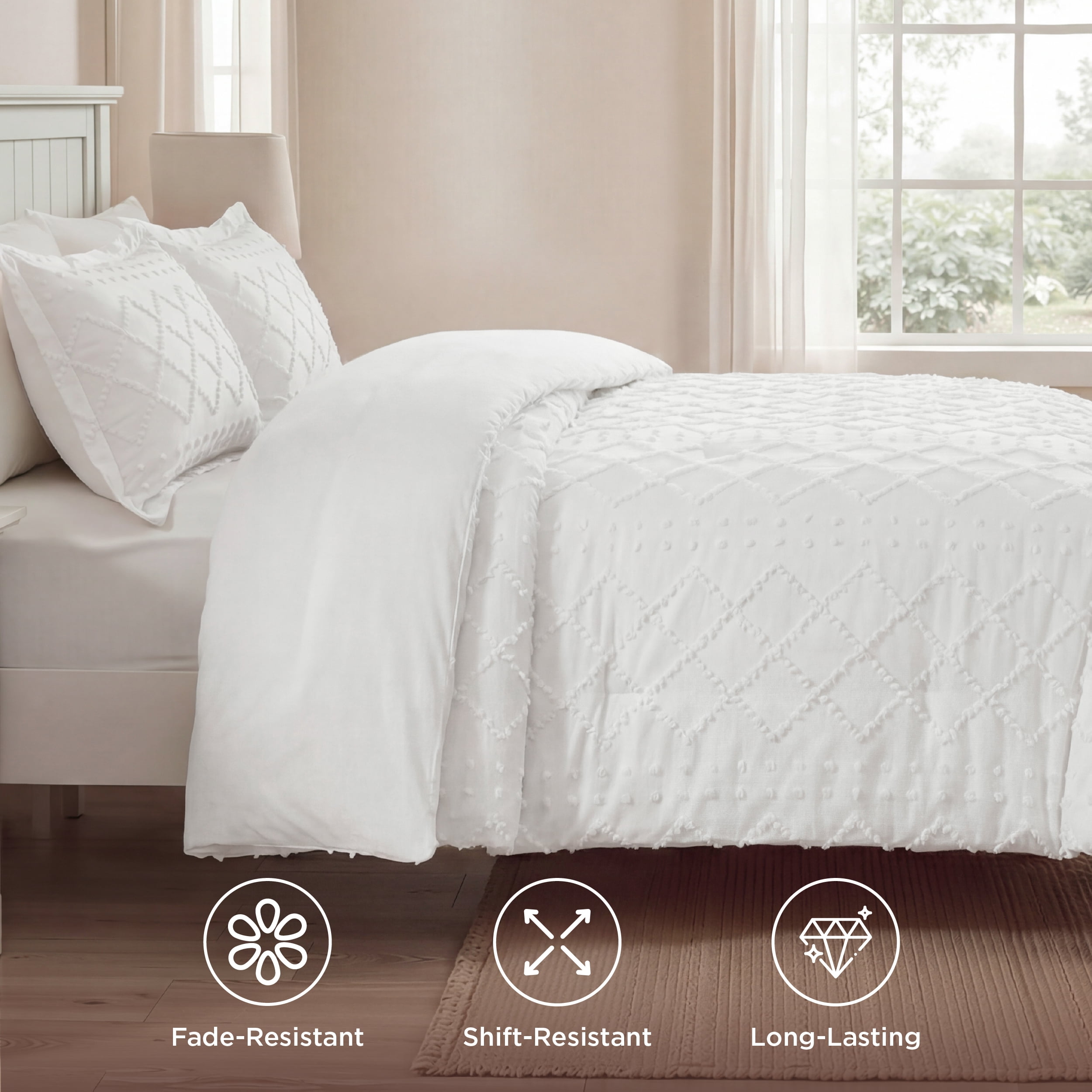 U by Bedsure Full Comforter Set, Boho Tufted Shabby Chic Bedding Comforter Set, 3 Pieces Vintage Farmhouse Bed Set for All Seasons, Fluffy Soft White Bedding Set with 2 Pillow Shams