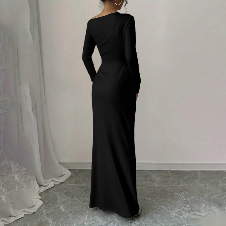 chinese dress ladies Patricia Black Extreme Plunge Long Sleeve Maxi Dress With Tie Detail – Club  L London