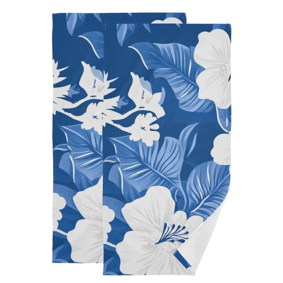 Hawaii Style Blue Leaves White Florals Hand Towel Absorbent Bath Towels for Bathroom Sports Gym 28" x 14" Set of 2