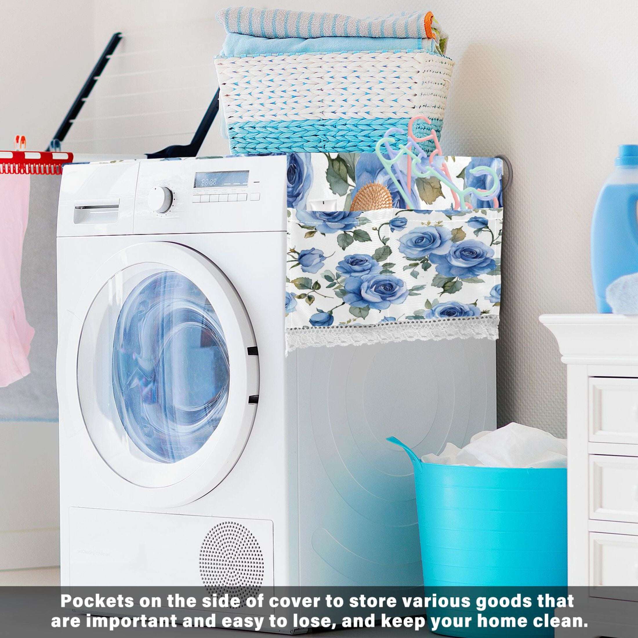 Blue RoseWasher and Dryer Covers Dust-Proof and Oil Resistant Fridge Cover with 4 Storage Pockets Washing Machine Top Cover for Laundry Kitchen Home 51.2 x 22 In