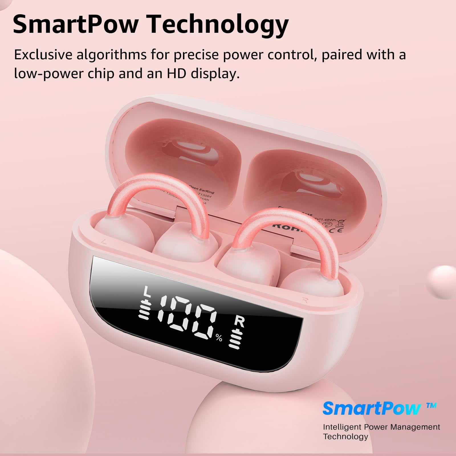 TOZO OpenEarRing True Open Ear Earbuds, Lightweight Comfort Open Ear Clip Wireless Earbuds, 40H Play Bluetooth 5.4 Headphones with Smart Digital Display Design Fit Sports Running, Workout Pink