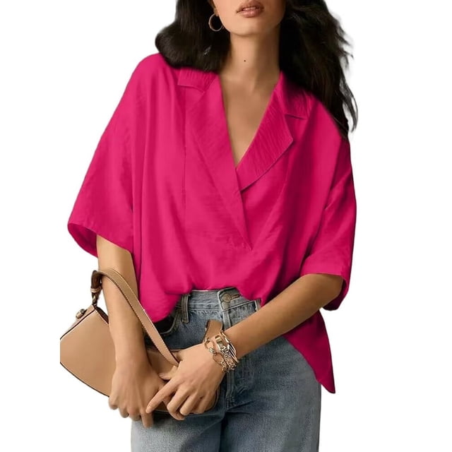 Blouse Décontractée Habillée pour Femmes Manches Courtes Col en V Chemise de Travail Rose Profond TTG