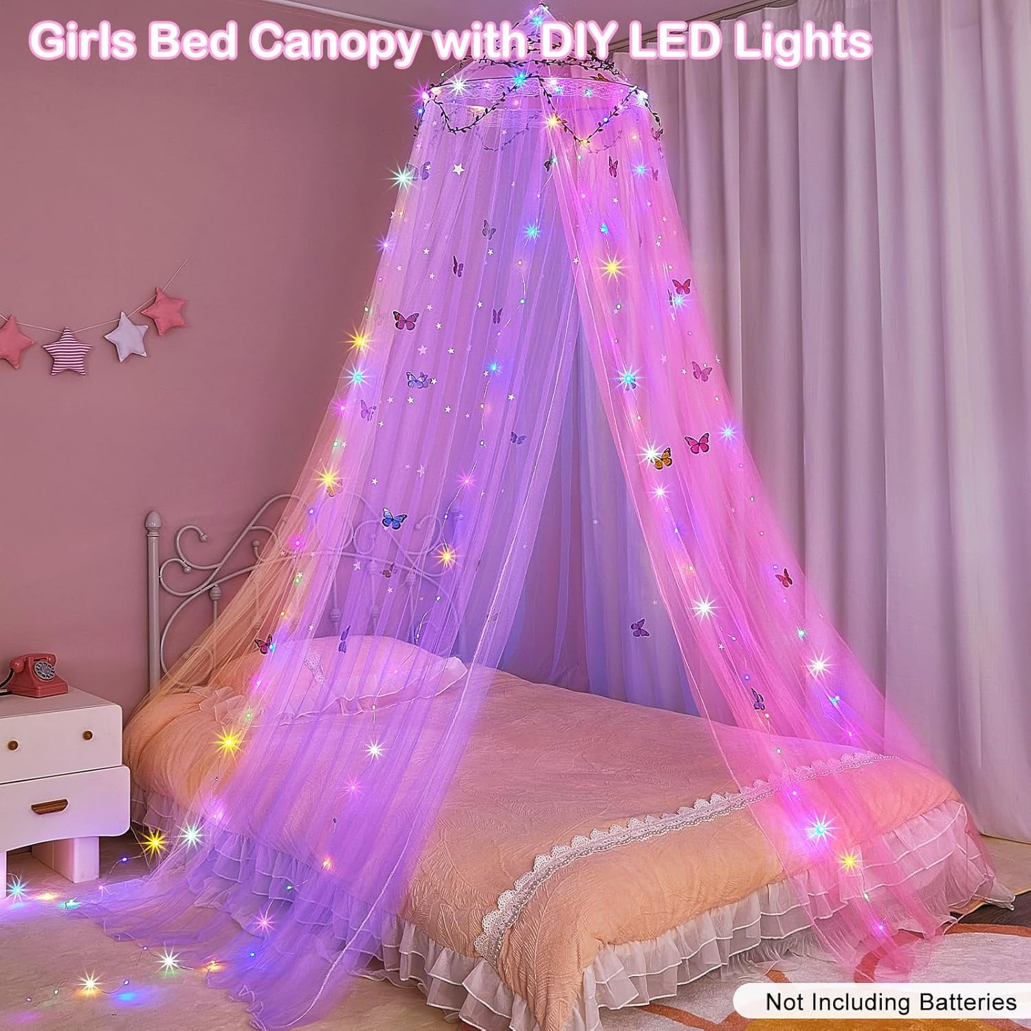 CAILDANL Bed Canopy for Girls Room Bed Canopy Curtains with Led Lights Mosquito Net DIY Princess Room Décor with Stars Butterflies for Kids Bedroom, Hot Pink