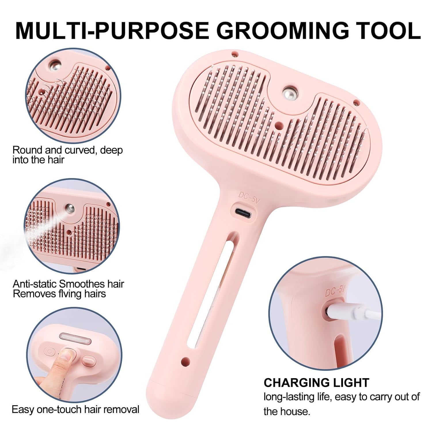 Cat Steam Brush - Steamy Pet Brush for Shedding, Misting Hair Brush for Long & Short Haired Cats, Dogs & Rabbits, Self Cleaning Grooming Tool (Pink)