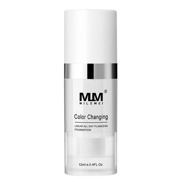 base de maquillaje que cambia de color, base de maquillaje, corrector líquido, cobertura total, iluminador, 12 ml: frasco cilíndrico blanco con tapa y anillo plateado, dispensador de bomba y base transparente que indica 12 ml; etiqueta frontal 'Color Changing'. Fórmula ligera para cobertura total e iluminador; a menudo usada como corrector puntual para igualar el tono de la piel.