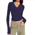 thumbnail image 2 of Camisas de Larga de Moda para Mujer, Blusas de Otoño con Cuello en V, Ajustadas y Recortadas, Conjuntos Y2K. Azul Oscuro XXL, 2 of 7