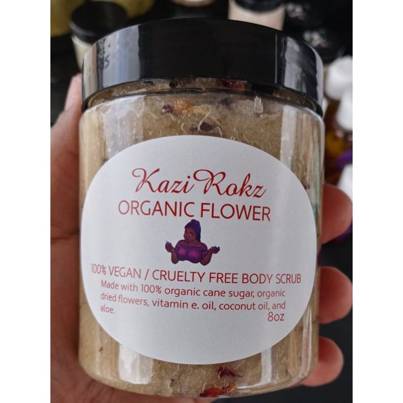 Organic Flower Vegan Body Scrub (Facial / Body Cleanser & Moisturizer) 8oz, KaziRokz LLC.
