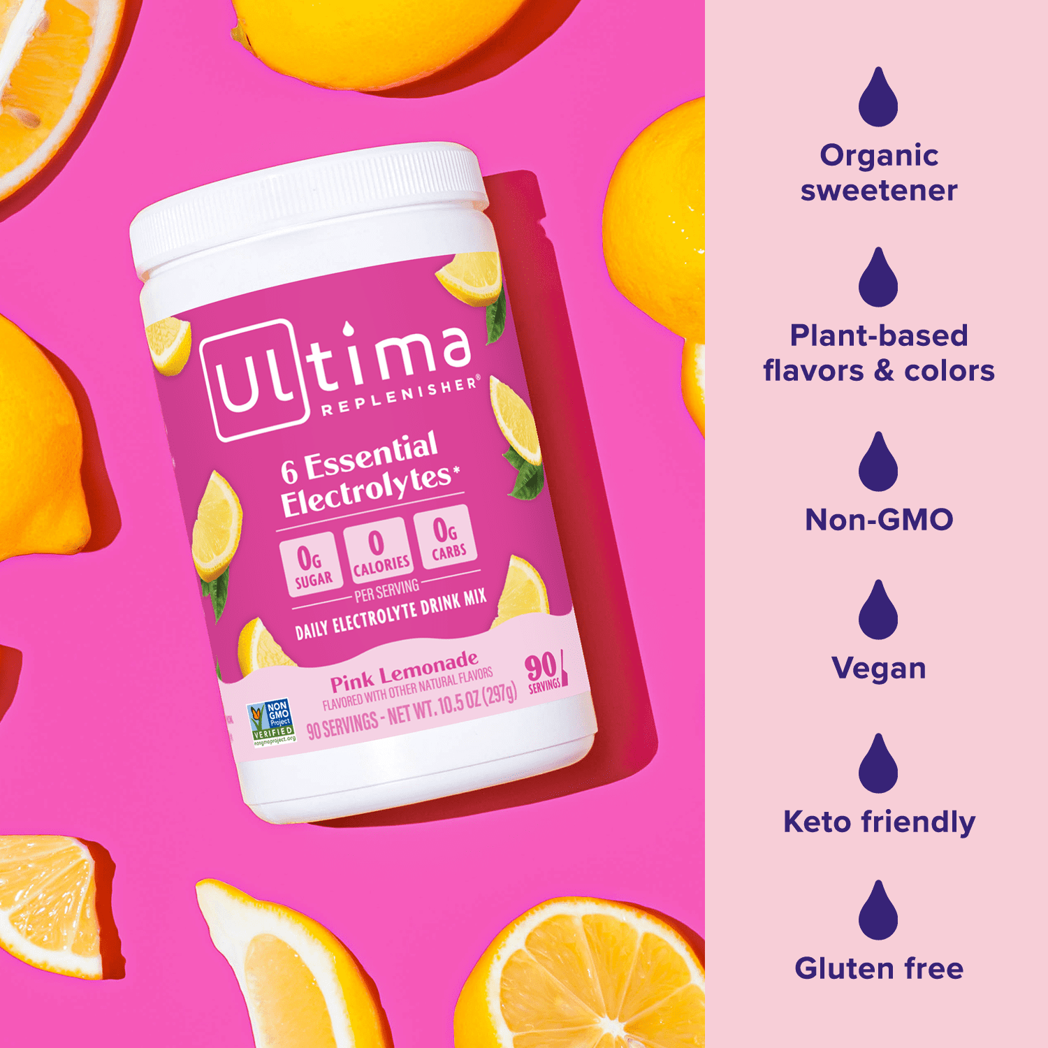 Ultima Replenisher Hydration Electrolyte Powder Drink Mix, Sugar-Free Pink Lemonade, 90 Servings