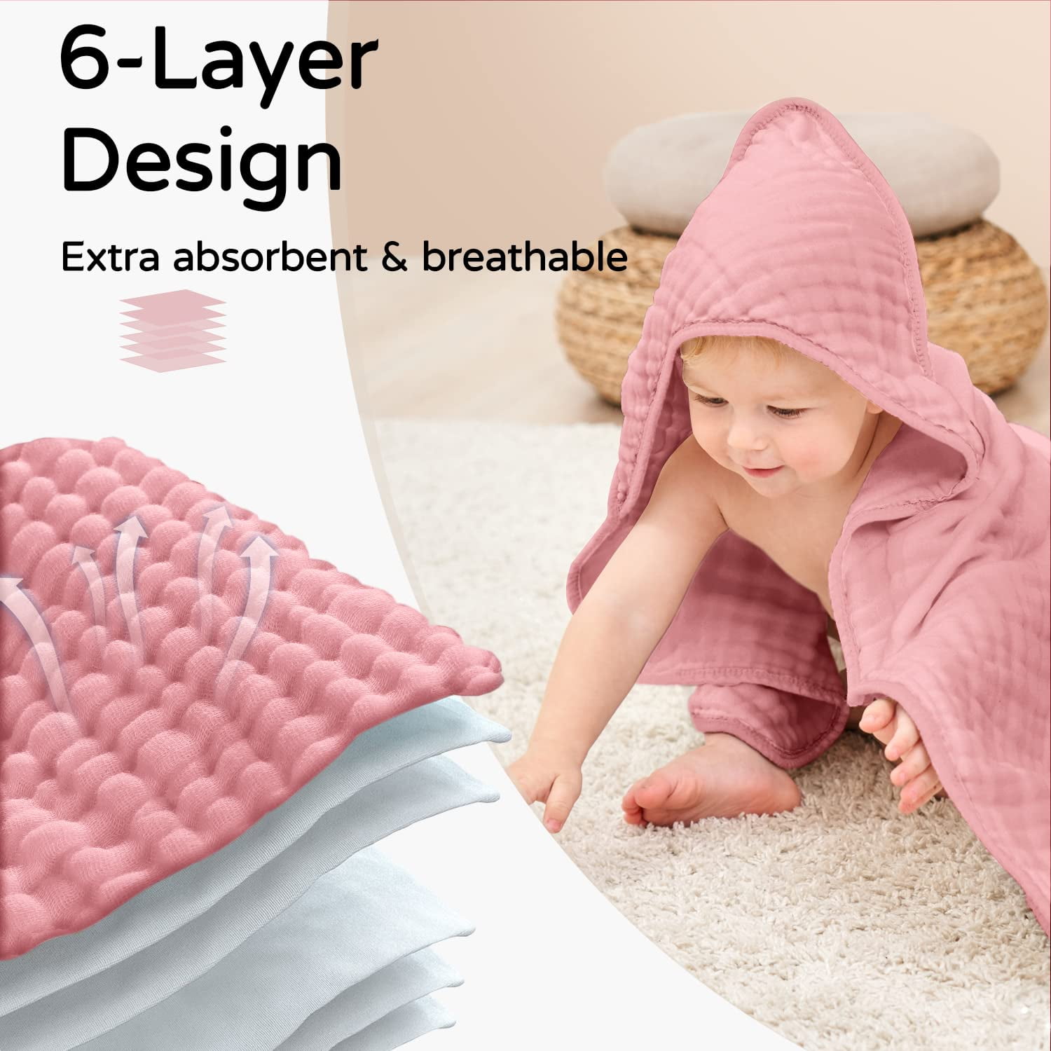 Hooded Baby Towels for Newborn 2 Pack 100% Muslin Organic Cotton Baby Bath Towel with Hood for Babies, Infant, Toddler and Kids, Large 32x32Inch, Soft and Absorbent Newborn Essential