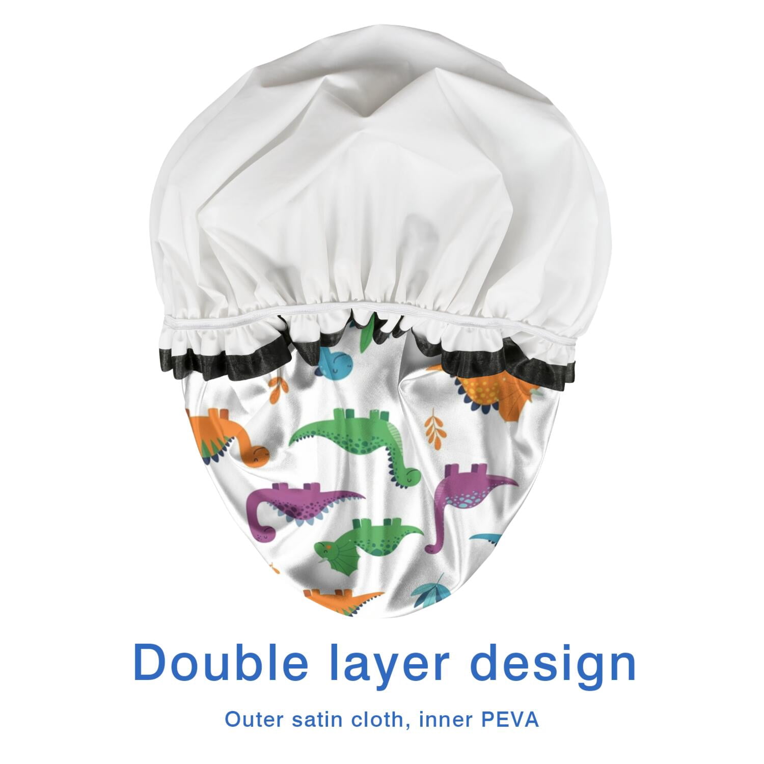 Shower Caps,White Dinosaurs Colorful Leaves Pattern Waterproof Shower Cap for Women 4 Pieces,Double Reusable Hair Cover for Shower PEVA Elastic Stretch Hem