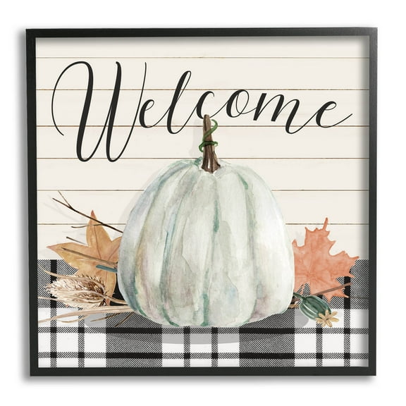 Stupell Industries Welcome Plaid Pumpkin Sign Graphic Art Black Framed Art Print Wall Art, Design by Livi Finn