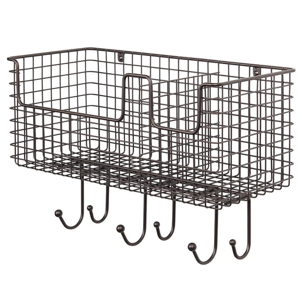 mDesign Metal Storage Organizer Basket with 6 Hooks Wall Mount