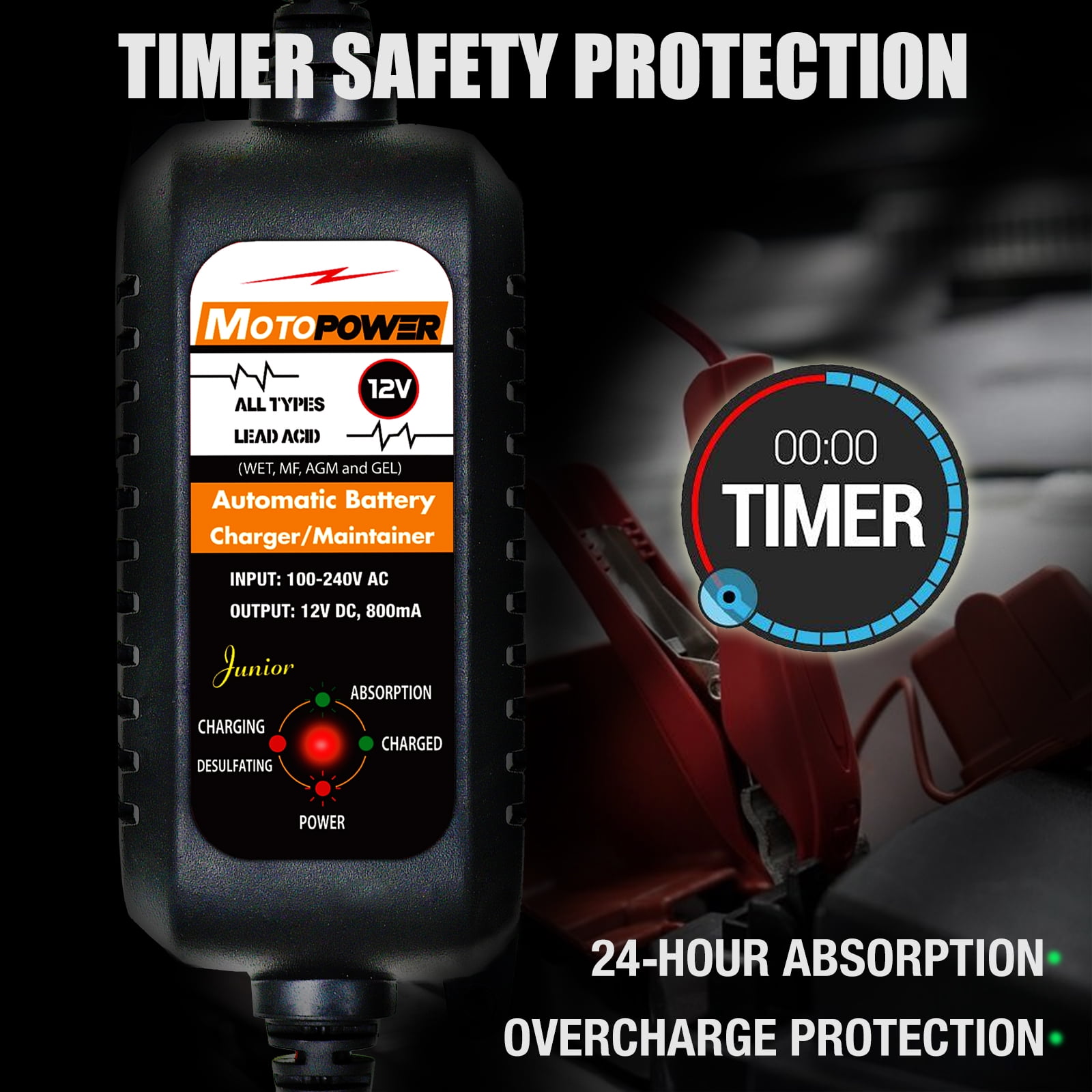 MOTOPOWER 12V 800mA Fully Automatic Battery Charger Battery Maintainer Trickle Charger Desulfator