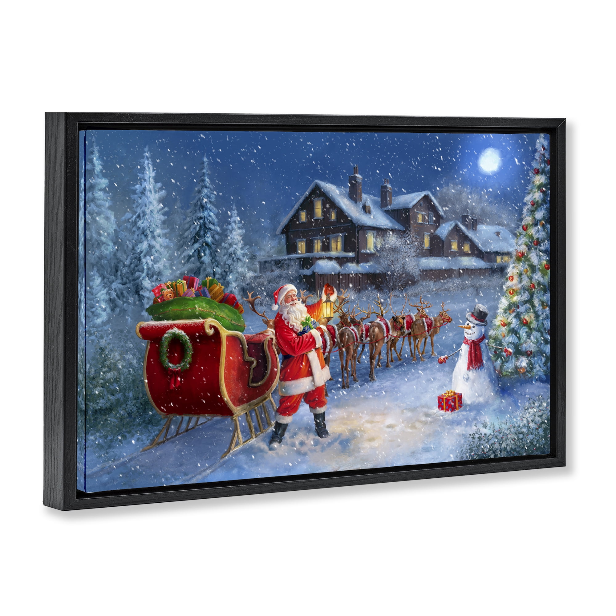 Stupell Industries Santa Snowy Night View Holiday Painting Black Floater Framed Canvas Art Prints Wall Art, 25 x 17