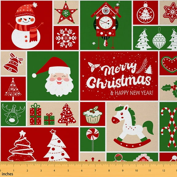 Homewish Cute Santa Claus Fabric by the Yard 1 Yard for Teen, Vintage Christmas Festival Room Decor Fabric by the Yard, Red Green Patchwork Sewing Fabric, Luxury Bedroom Decor