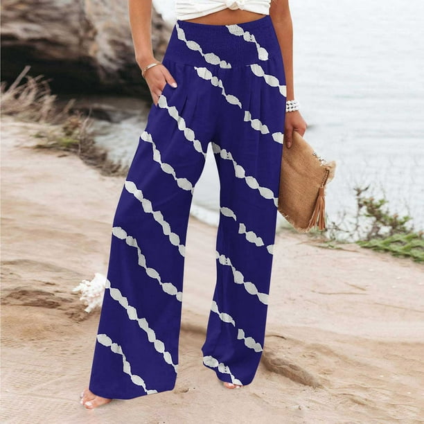 ICHUANYI Clearance Women's Loose Wide Leg Pants High Waist Straight Pants Casual Printing Pants(Navy, M) ICHUANYI WER2023081113402