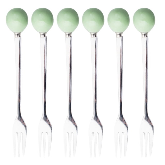 6pcs Ceramic Handle Mini Stainless Steel Fork Flatware Tableware for Cake Coffee Dessert (Light Green Fork)