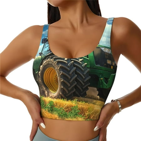 Adobk Green Tractor Field Print Sports Bras for Women Longline Workout Crop Tank Tops Padded with Built in Shelf Padded Sports Bra-Large