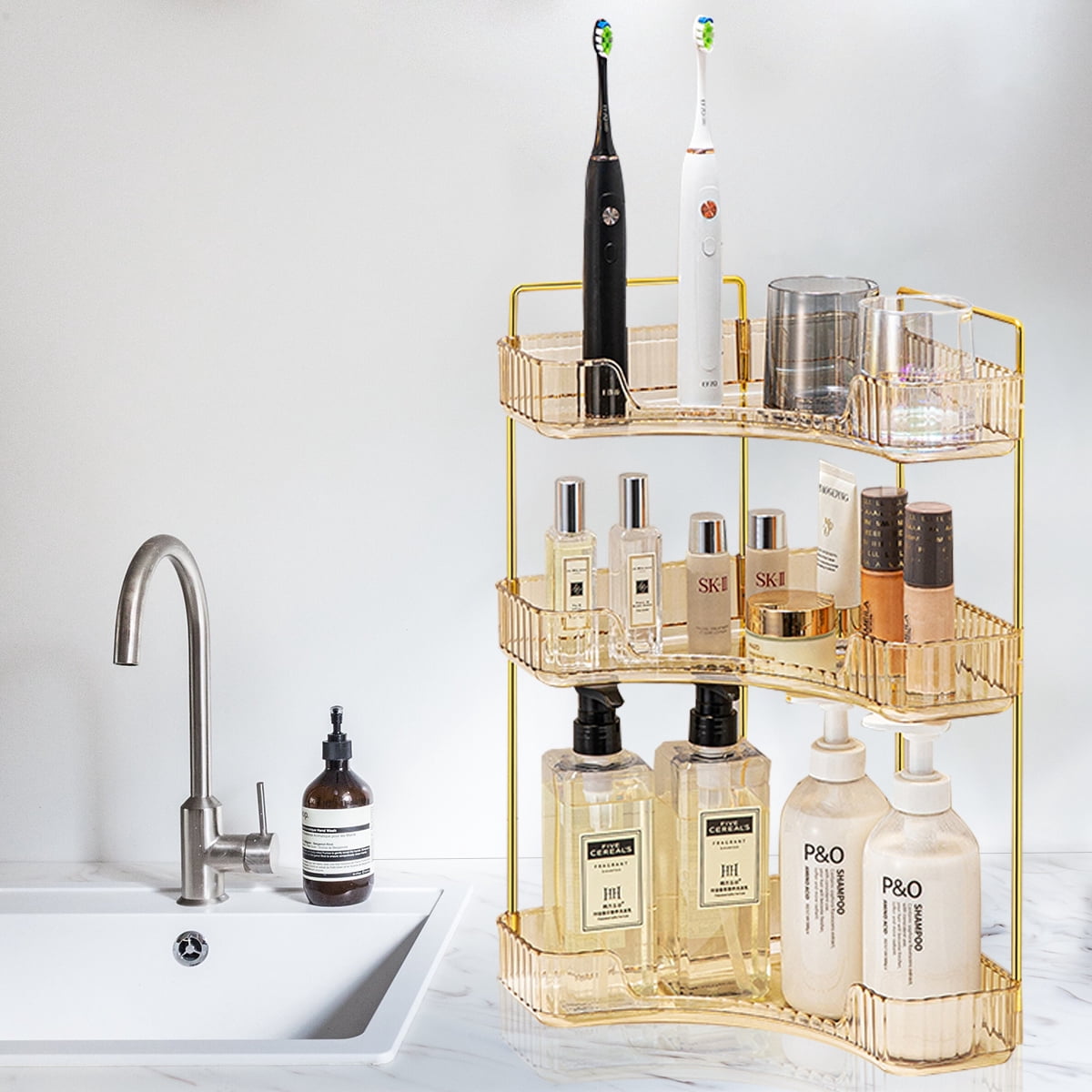 Logianis 3-Tier Bathroom Corner Organizer Countertop Organizer Countertop Storage Vanity Trays Gold