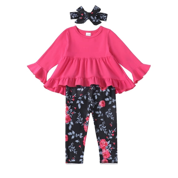 3T Baby Girls Clothes 4T Girls 3PCS Outfits Set Solid Color Toddler Girls Long Sleeve Top Floral Pants Set with Headband Rose Red