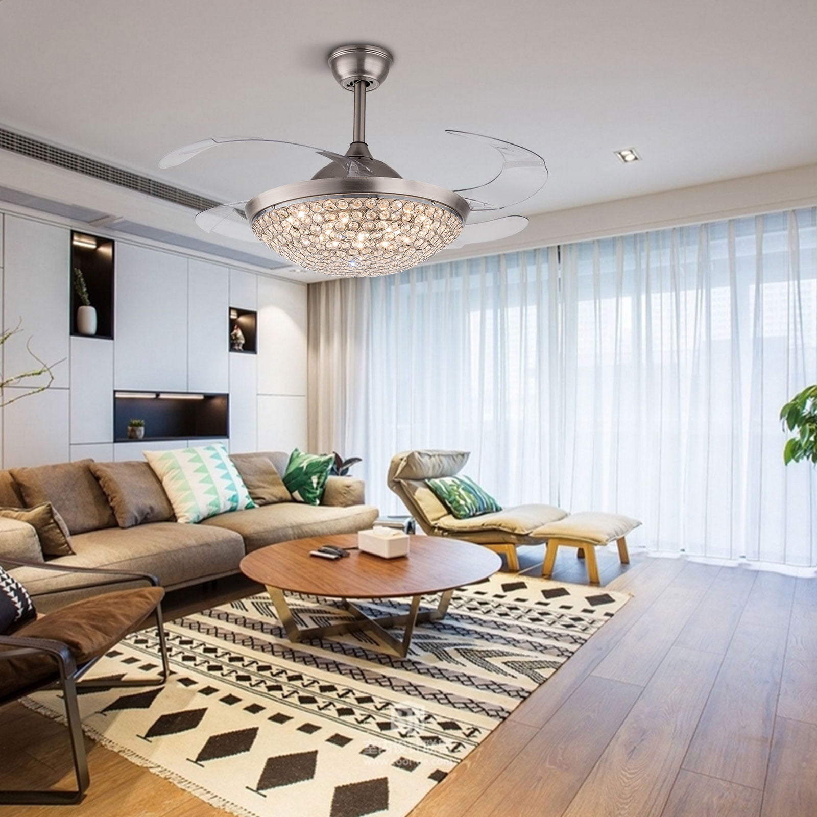 Details about / 42”Luxury Crystal Retractable Ceiling Fan LED Lights Remote dimmable Chandelier