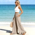thumbnail image 5 of Linen Pants Women Flowy Ruffle Hem Wide Leg Palazzo Pants with Patch Pockets Casual Ruched Waist Summer Vacation Pant Khaki XL, 5 of 8