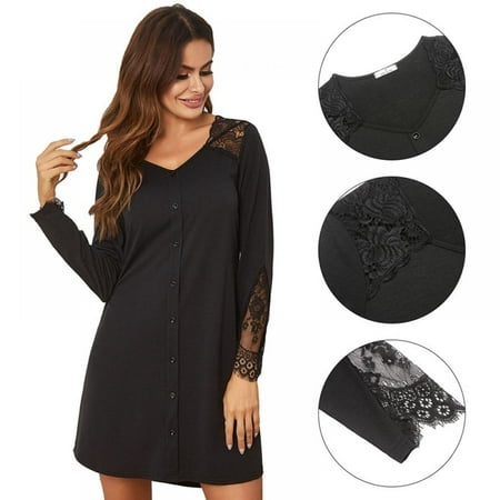 

Prettyui Women s Plus Size Lace Nightgown Long-Sleeve Sleepshirts Pajamas