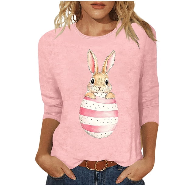 Tops de Cuello Redondo para las Mujeres Pascua Impresa 3/4 Mangas Blusa, Ligera Imitación Algodón Top Casual