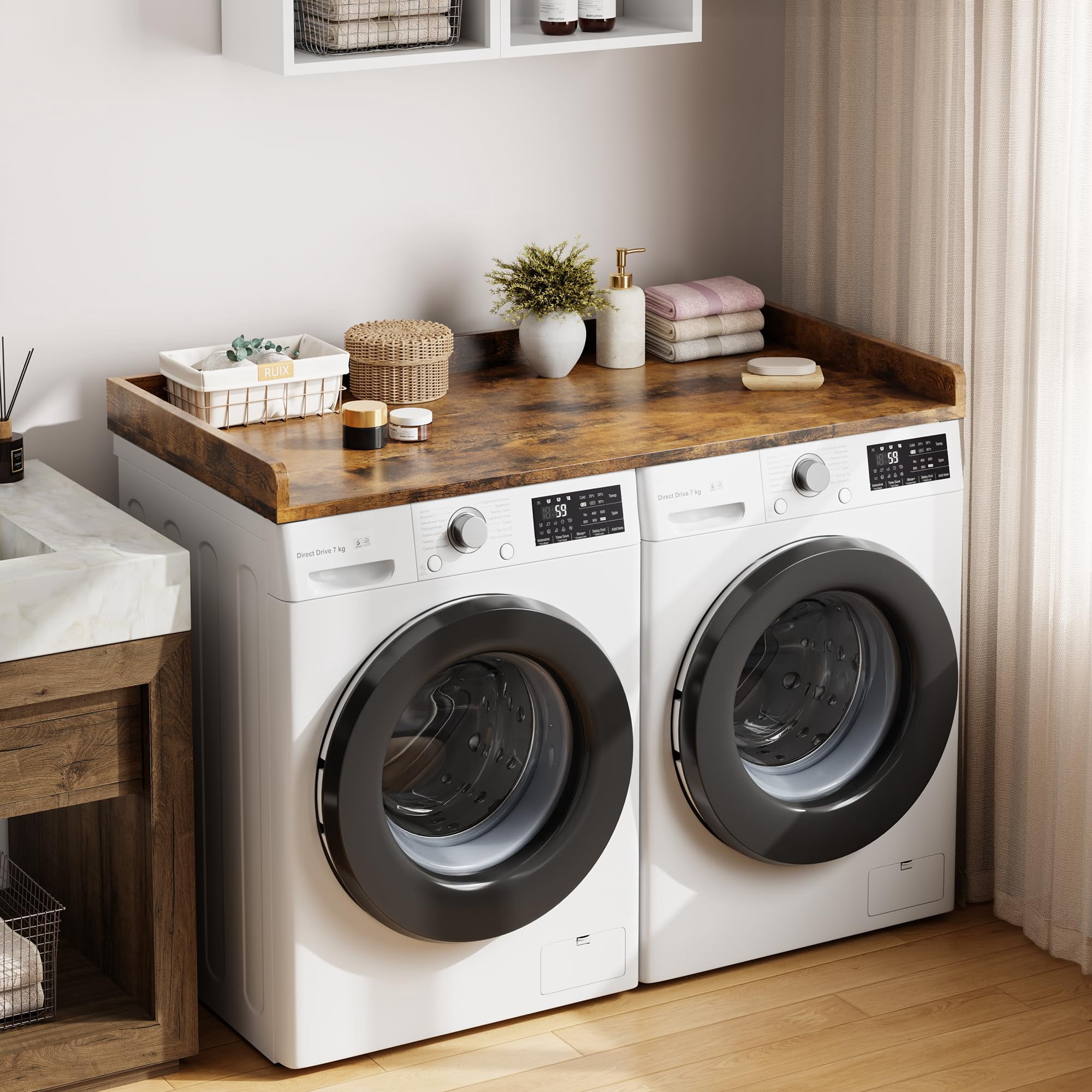 PYY Washer Dryer Countertop, 54.3" x 27.6" Wooden Laundry Countertop with Edge Rails, Washer and Dryer Topper for Laundry Room Organization and Storage, Retro Color