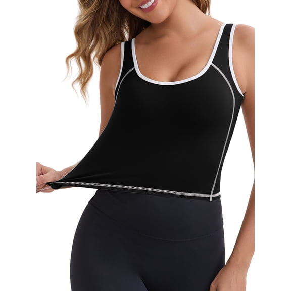 INSPIRE CHIC Women's Wide Straps U-Neck with Padded Push Up Camisole Elastic Tight Colorblock Cropped Workout Tank S Black