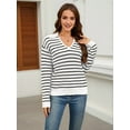thumbnail image 4 of Womens Sweaters 2025 V Neck Long Sleeve Striped Tops Fall Winter Comfy Knit Clothes Pullover Sweater White & Black XL, 4 of 7