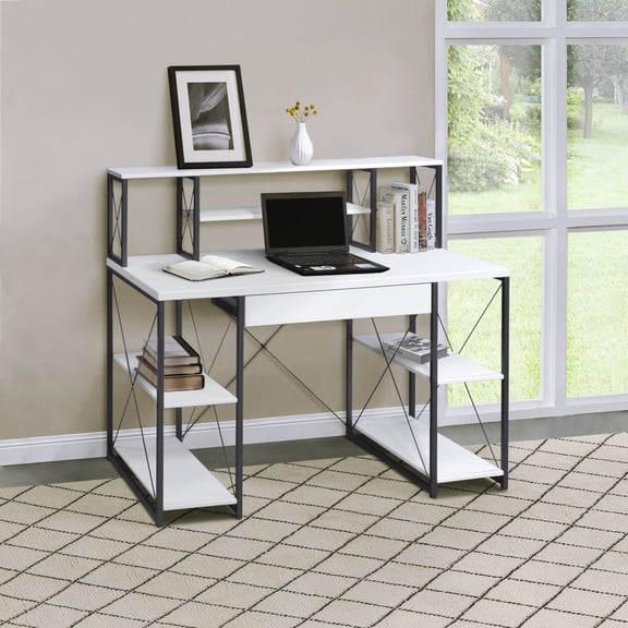 Miekor Furniture White and Black Office Desk with Open Shelves and Hutch 33547