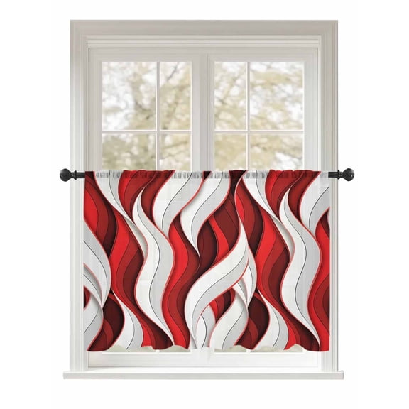 Sheer Curtains 54 Inch Length, Red White Moire Semi Sheer Curtains Light Filtering Window Treatment, Modern Abstract Art Privacy Voile Drapes for Living Room Bedroom 52x54 Inch